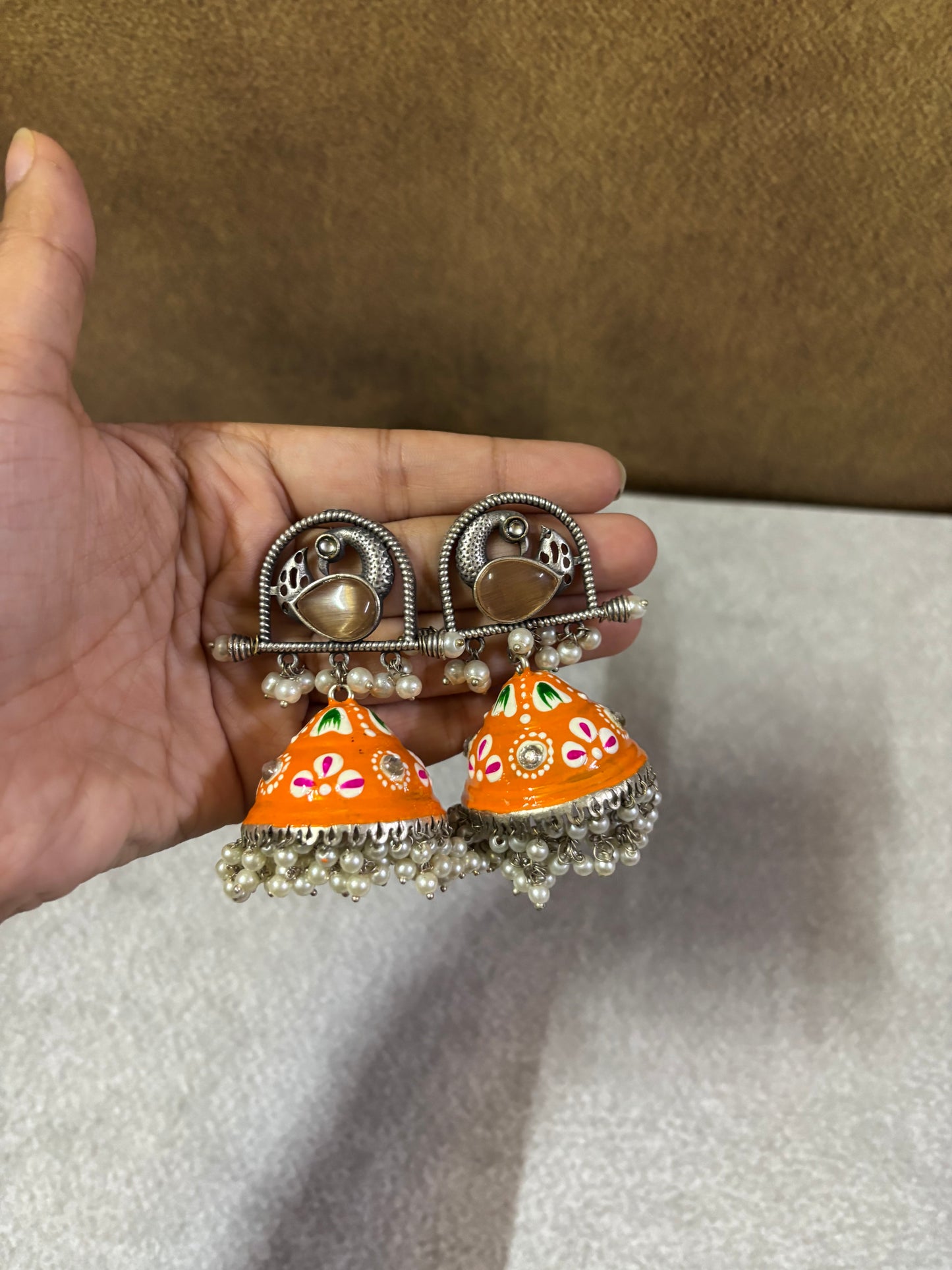 Hand-Painted Orange Meenakari Jhumka Earrings with Pearl Detailing