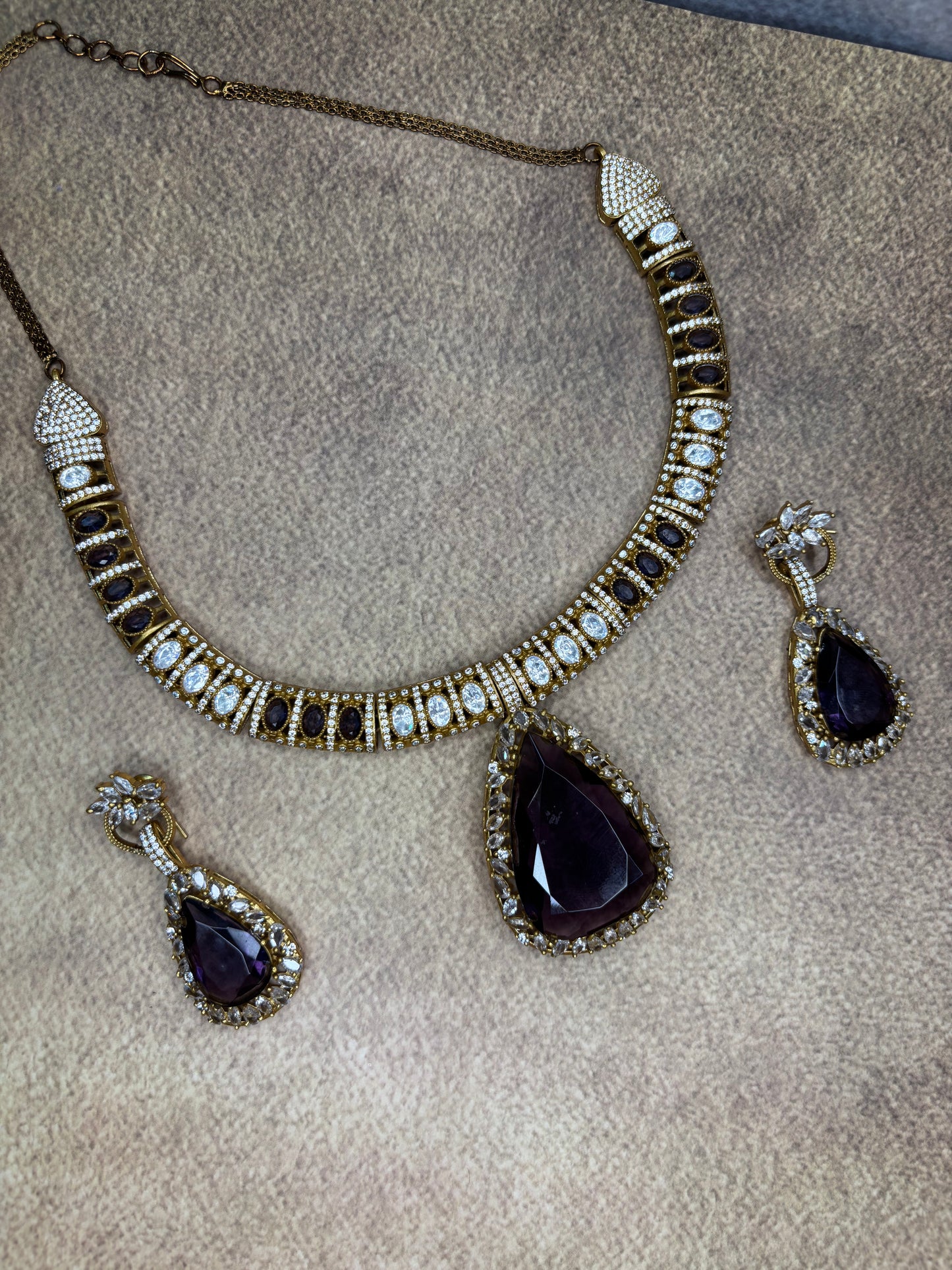 Royal Purple Teardrop Necklace Set with CZ & Stone Detailing/Hasli