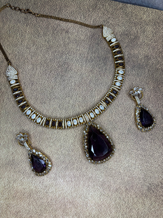 Royal Purple Teardrop Necklace Set with CZ & Stone Detailing/Hasli