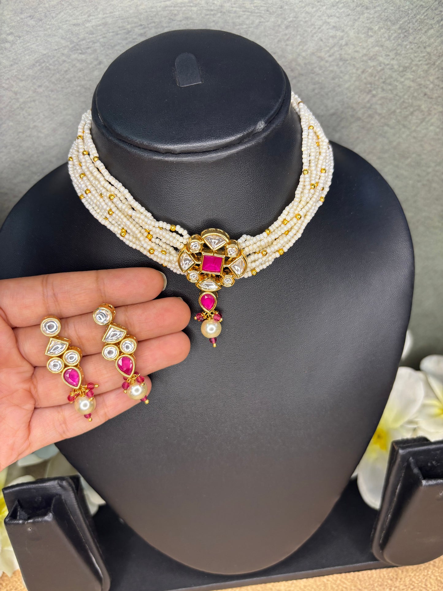 Elegant Cream Beaded Choker Set with Pink Pendant & Earrings