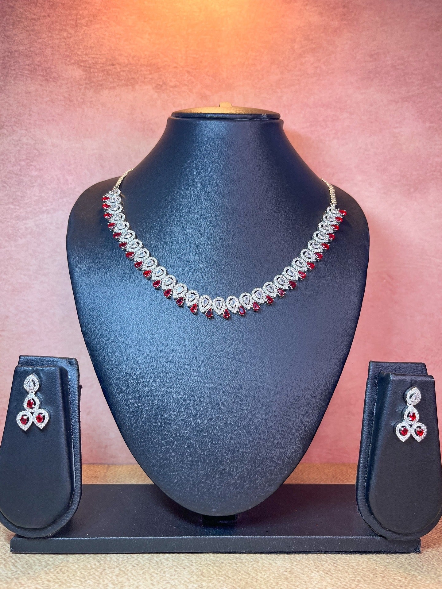 Ruby Red American Diamond Necklace Set