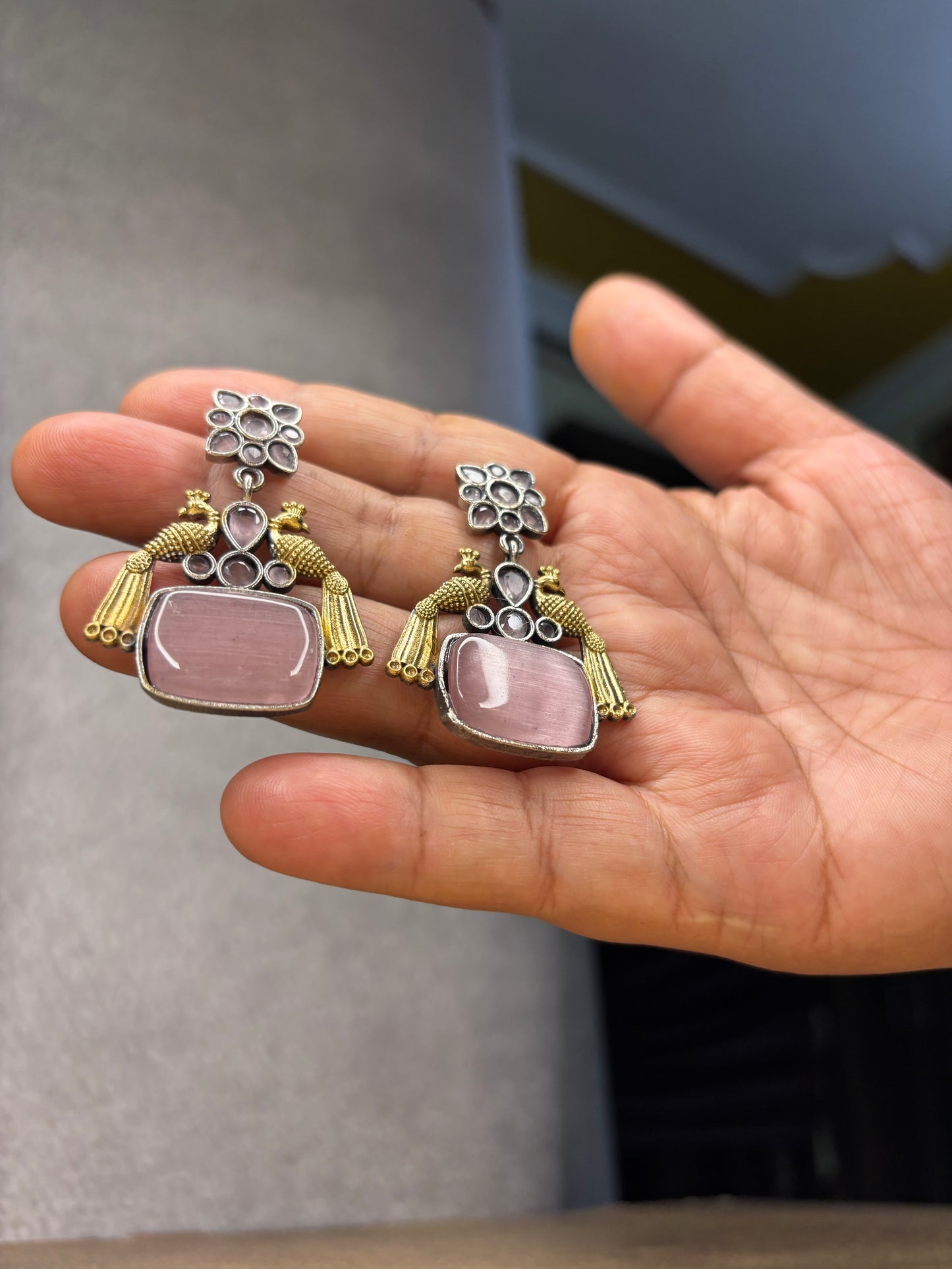 Silver Replica Necklace with Pink Monalisa Stone & Peacock Motif