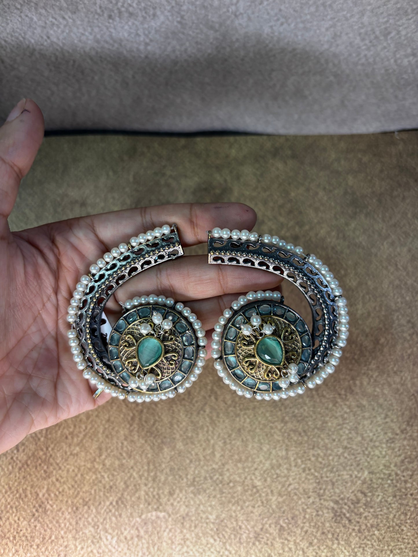 Antique Crescent Pearl Kaanphool with Green Stone Detailing