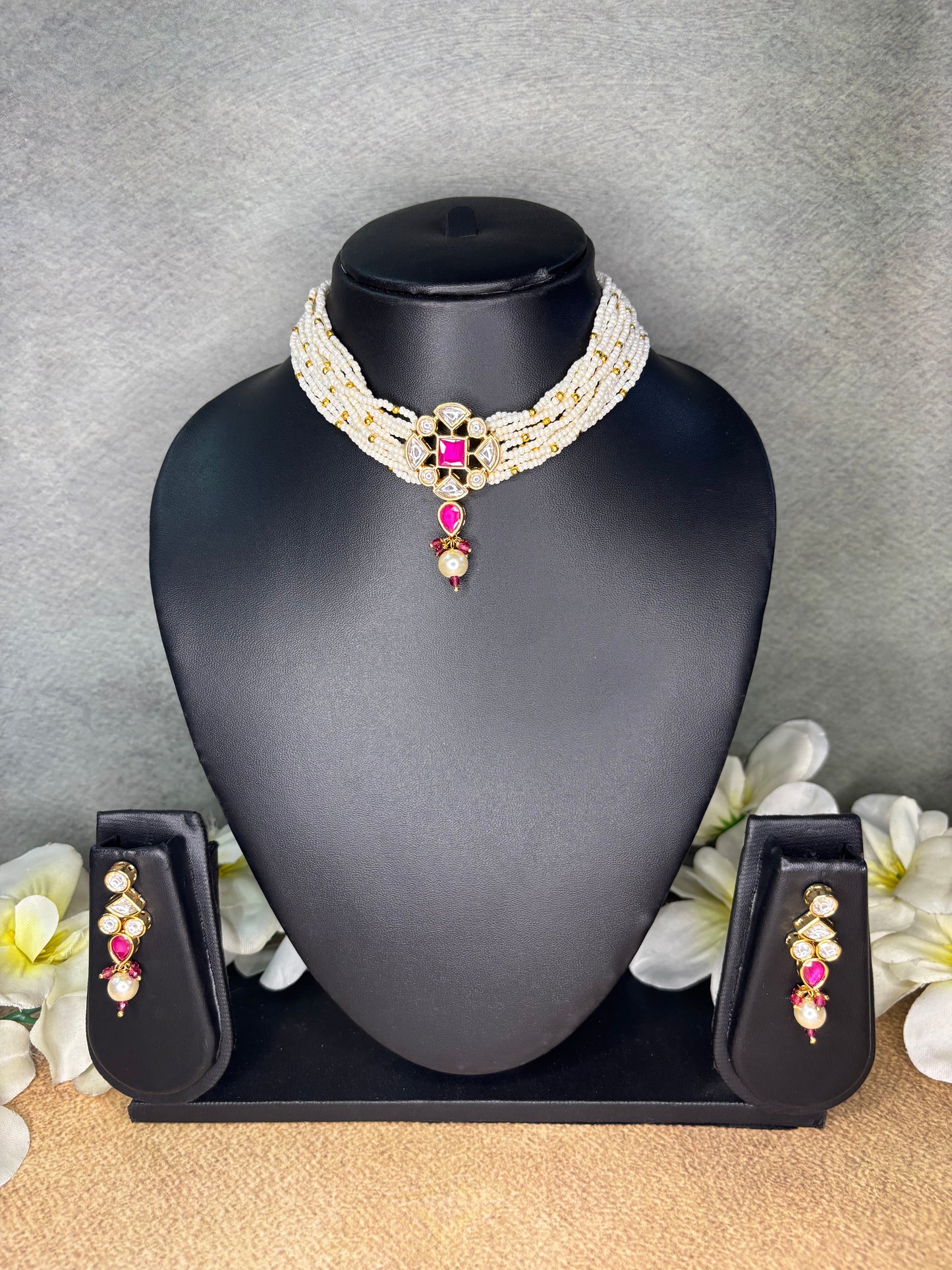 Elegant Cream Beaded Choker Set with Pink Pendant & Earrings