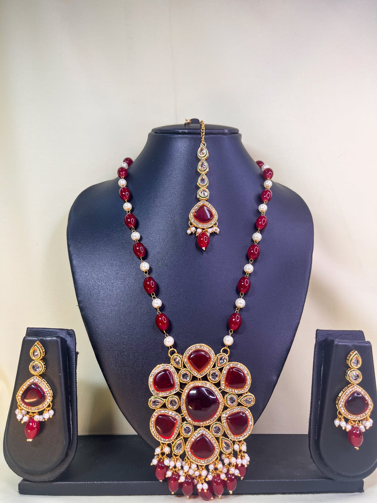 Ruby Red Monalisa Stones necklace set with maangtika