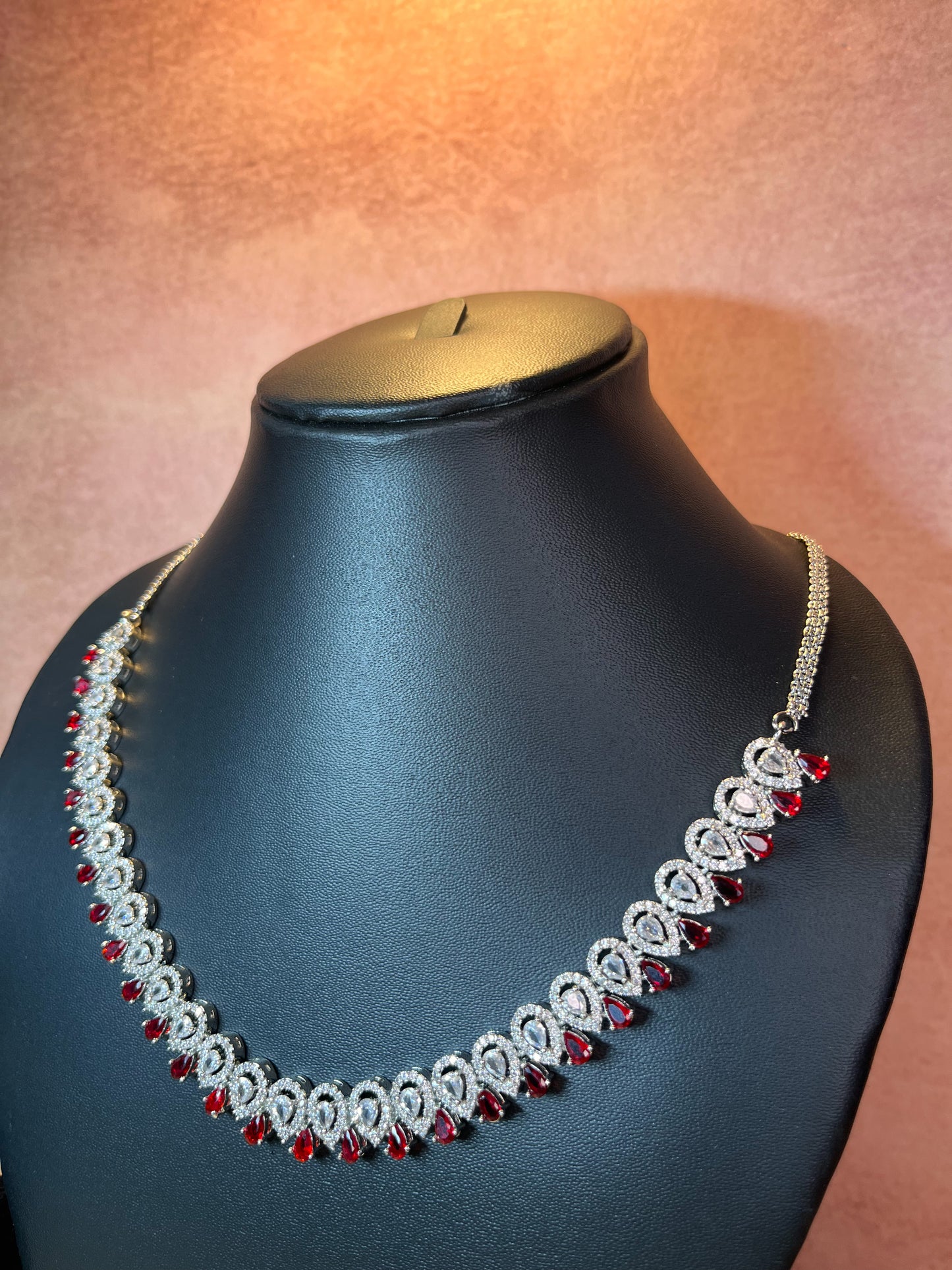 Ruby Red American Diamond Necklace Set