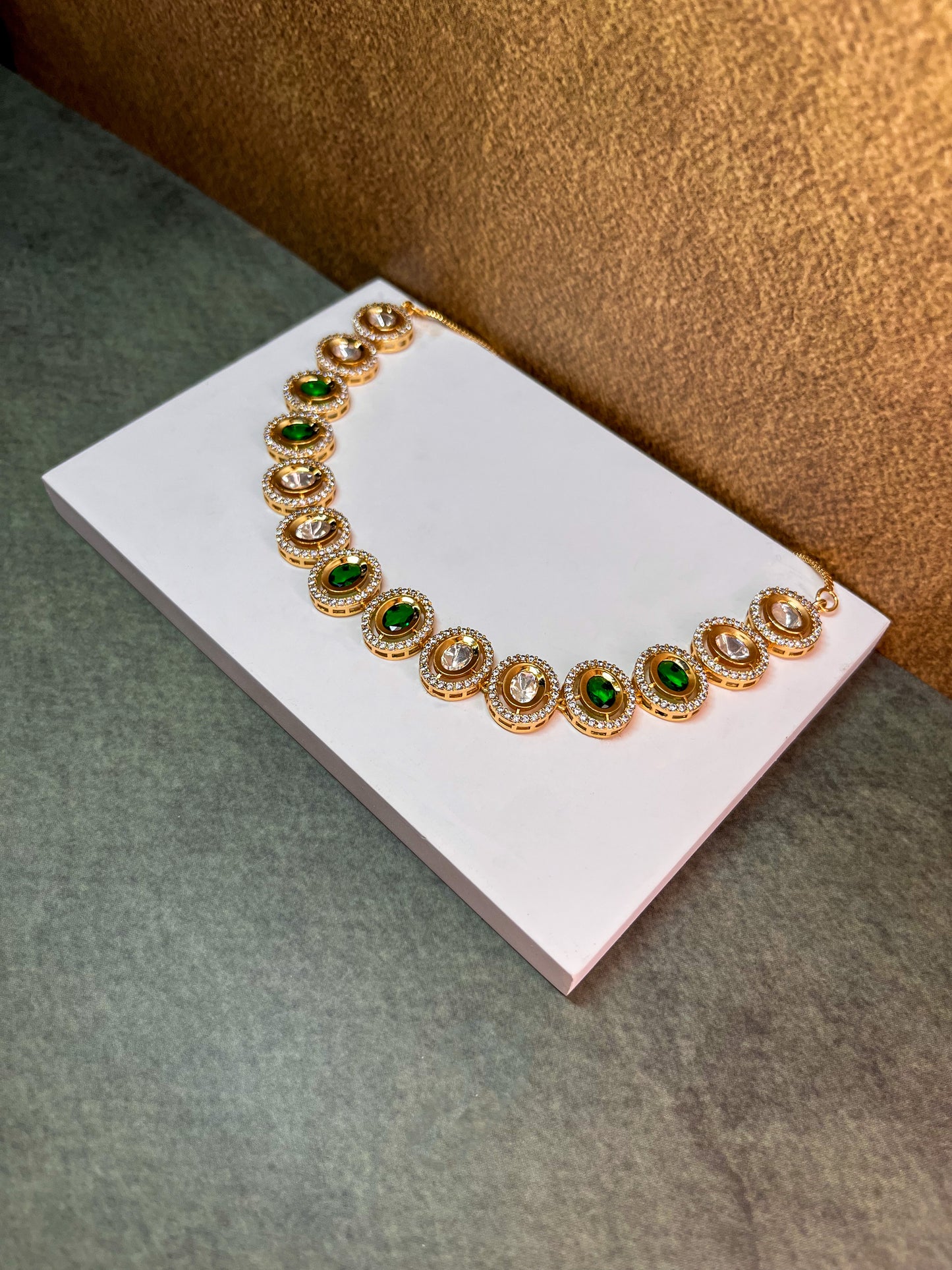 Moissanite lookalike Green Kundan necklace set with drop earrings