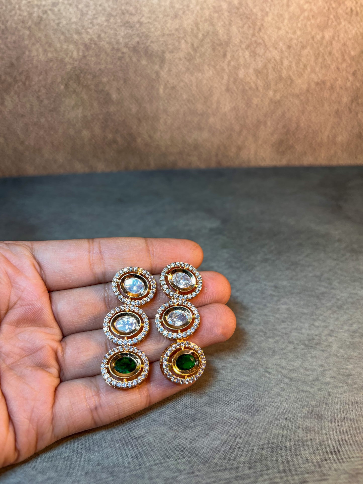 Moissanite lookalike Green Kundan necklace set with drop earrings