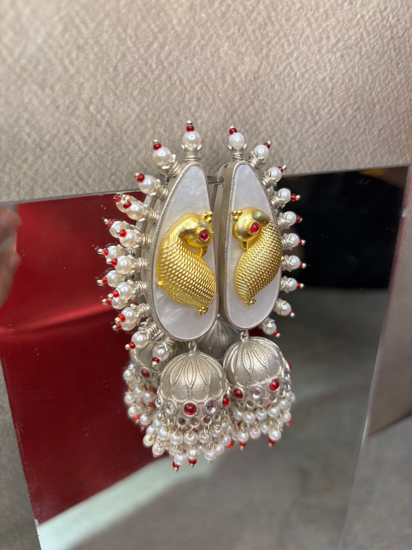 Golden Fish Motif Silver Replica Jhumka