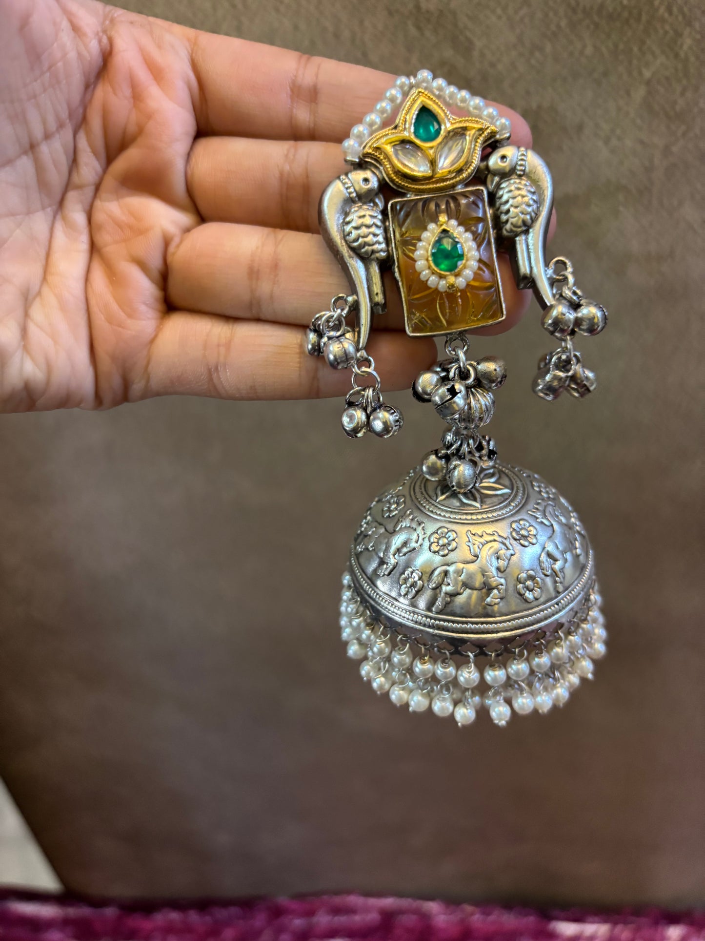 Royal Parrot Temple Jhumkas – Brass Silver Replica