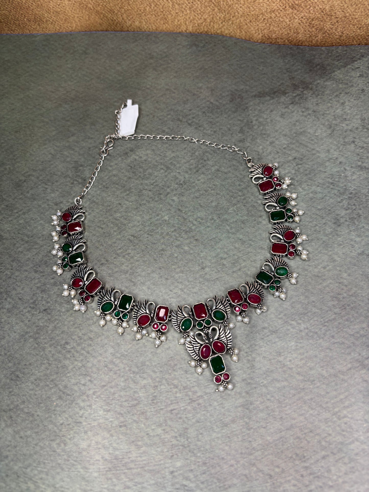 Silver Replica Necklace Set – Ruby & Emerald Stones with Swan Motifs