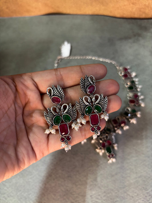 Silver Replica Necklace Set – Ruby & Emerald Stones with Swan Motifs