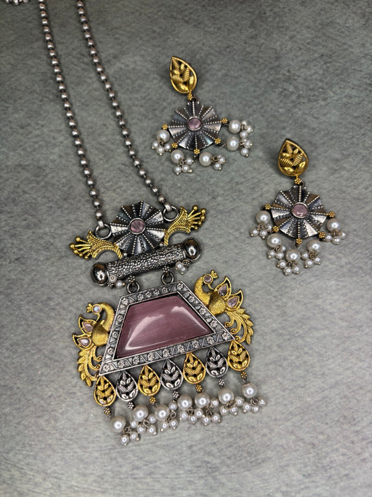 Silver Replica Necklace with Onion Pink Pendant – Dual Tone Peacock Motif with Moti Piroi