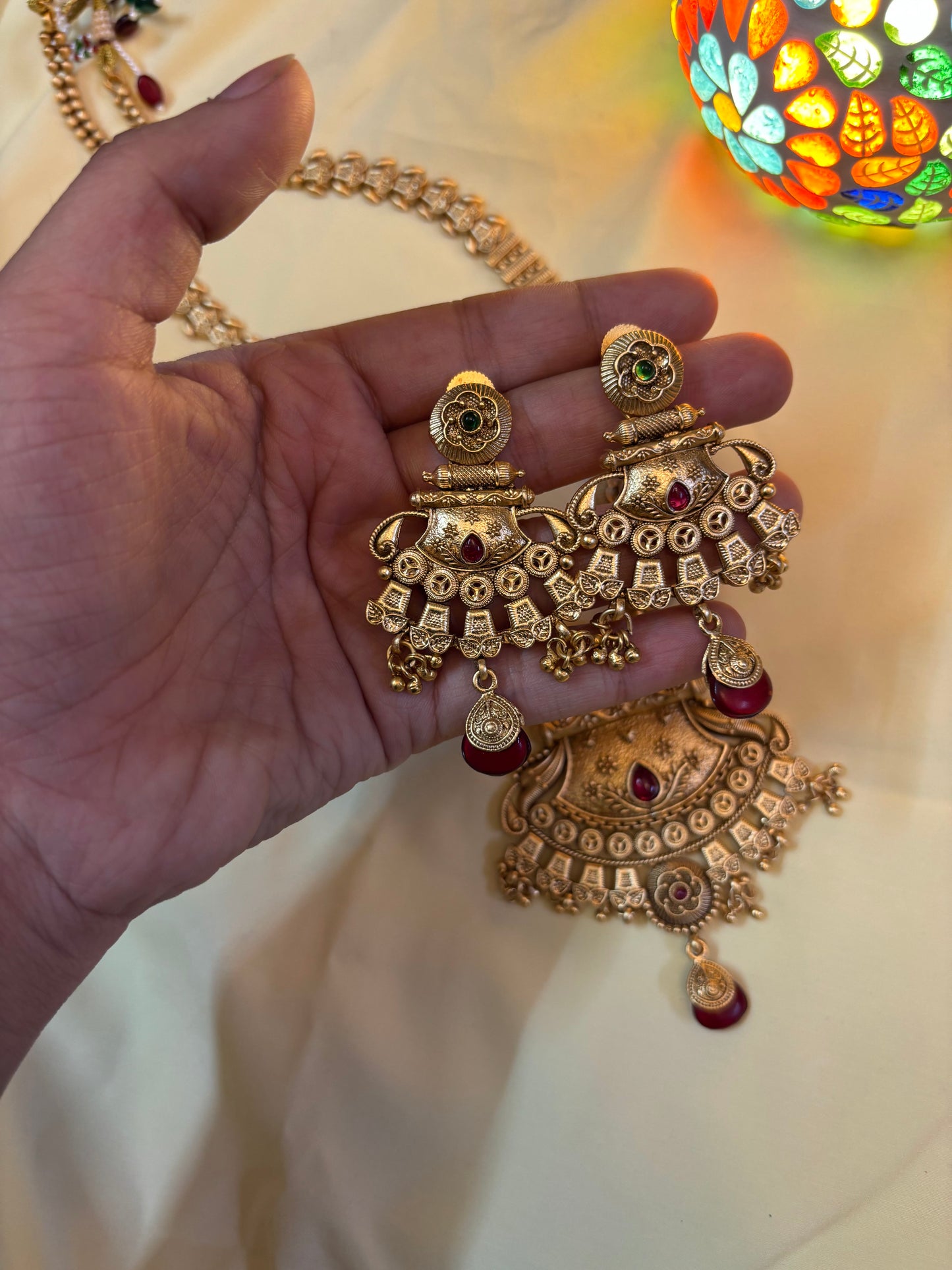 Antique Temple-Inspired Gold Replica Long Necklace Set