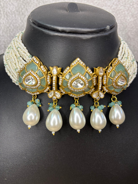 Mint Green Kundan Choker Set with Pearls and CZ Detailing