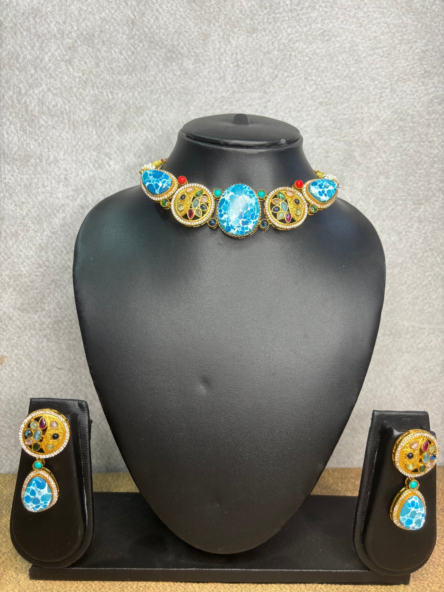 Ocean Blue Kundan-Style Gold Finish Choker with Multicolour Stones
