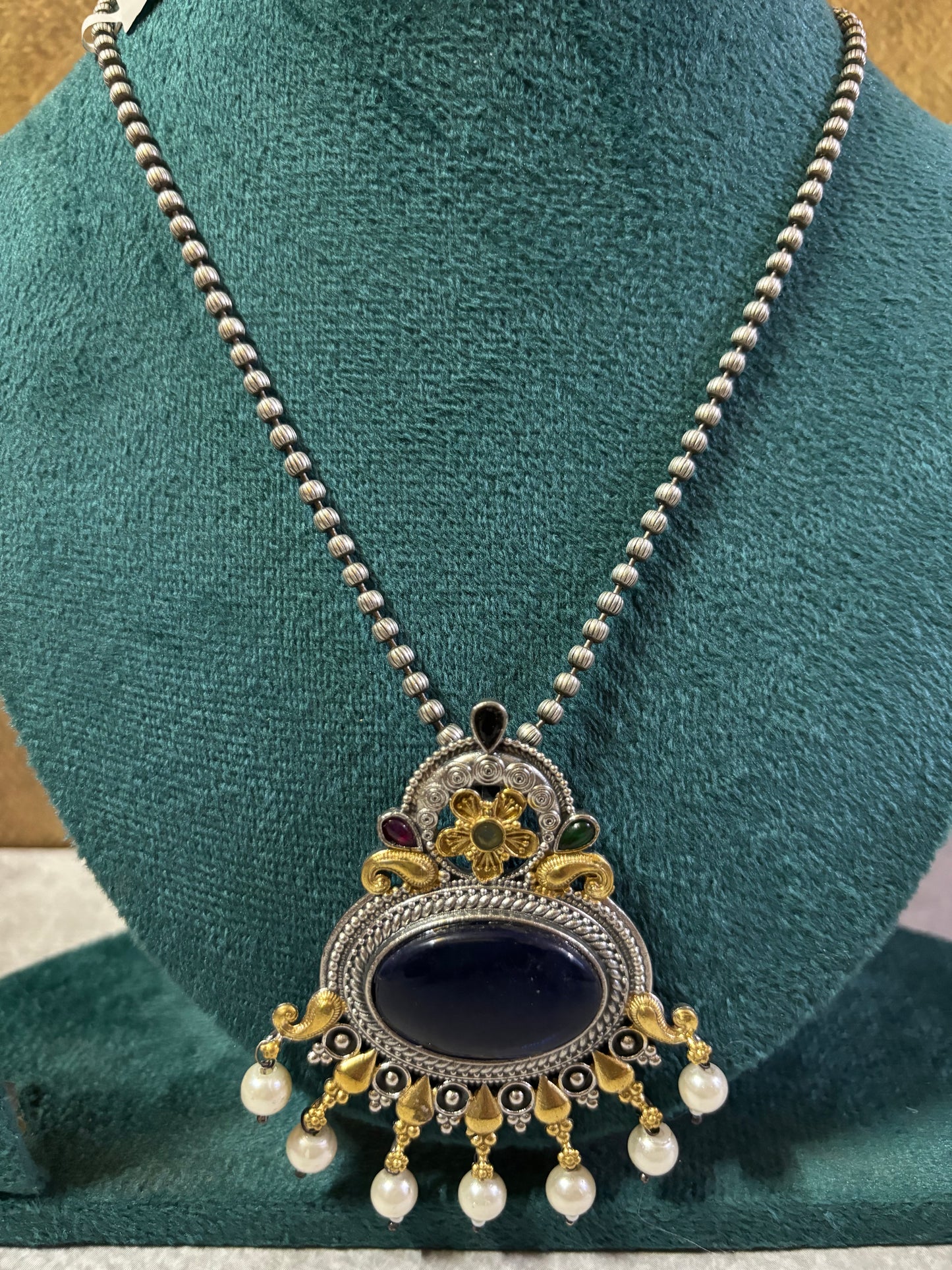 Blue Dual-Tone Black monalisa Stone Temple Necklace with Pearl Drops & Jhumkas