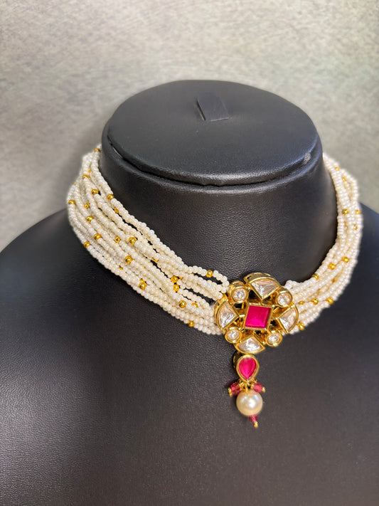 Elegant Cream Beaded Choker Set with Pink Pendant & Earrings