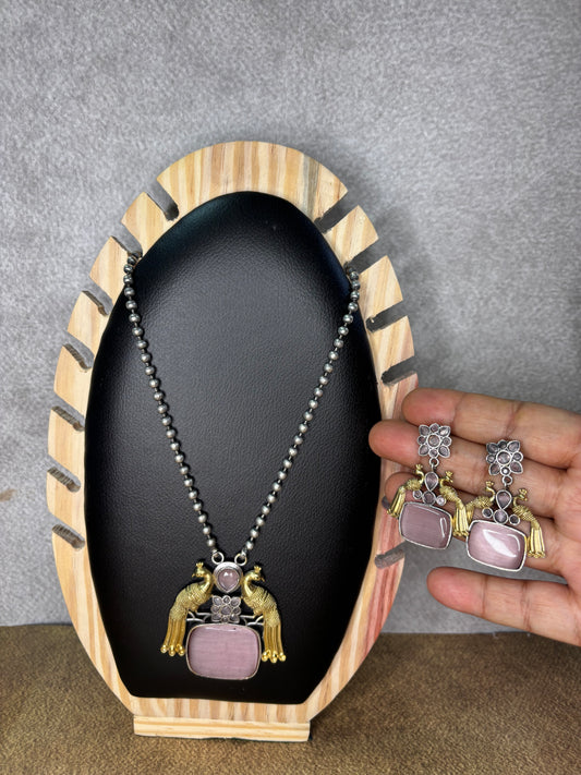 Dual-Peacock Pendant Necklace with Pink Glass Stone & Moissanite Detailing With a pair of earrings