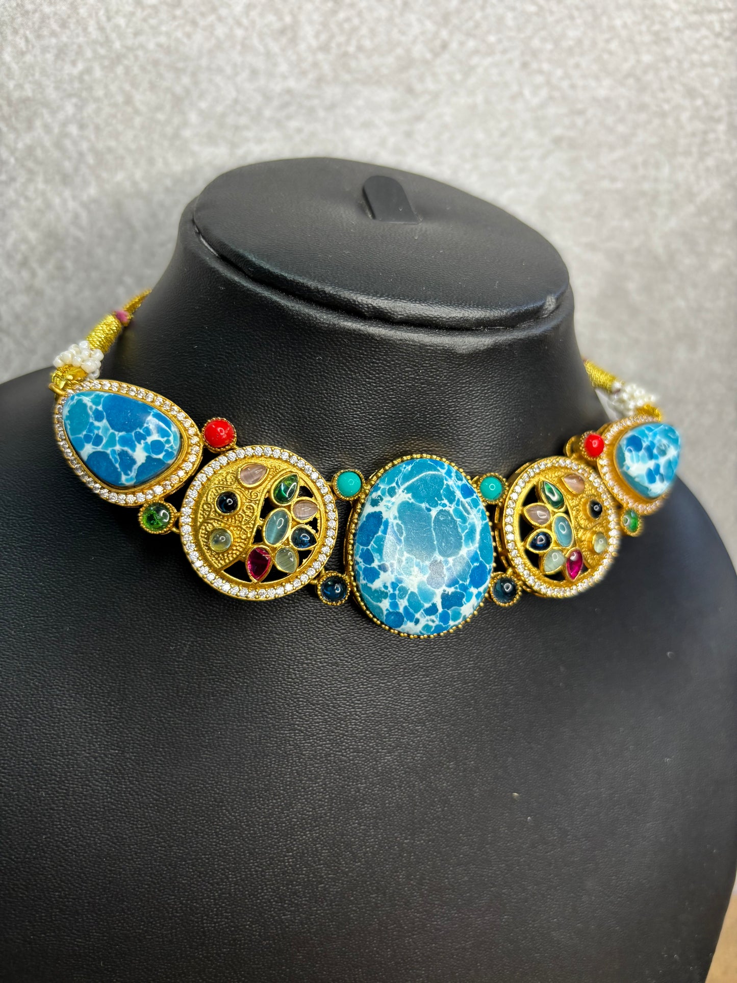 Ocean Blue Kundan-Style Gold Finish Choker with Multicolour Stones