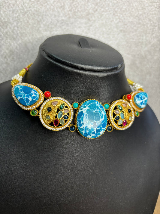 Ocean Blue Kundan-Style Gold Finish Choker with Multicolour Stones