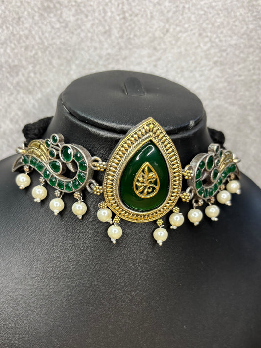Green Meenakari Choker Set with Teardrop Centerpiece & Pearl Danglers