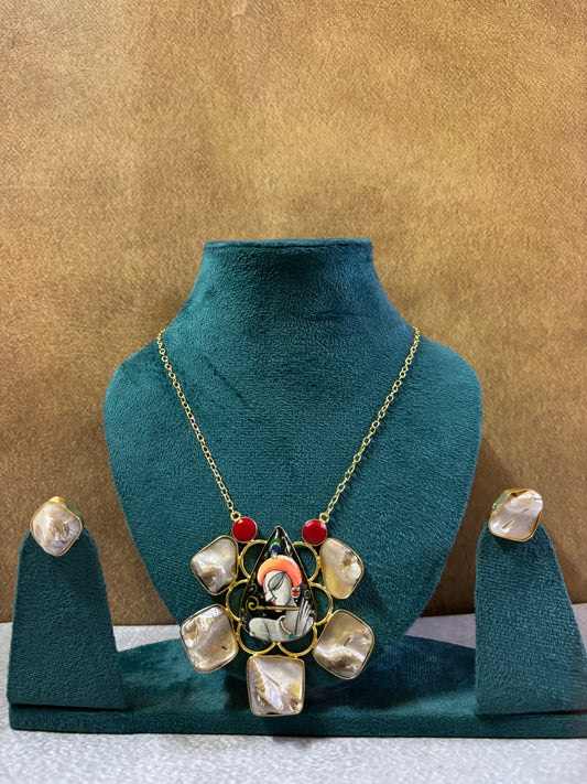 Gold-Tone Krishna Motif Necklace with Mother of Pearl Stones & uncut stone studs