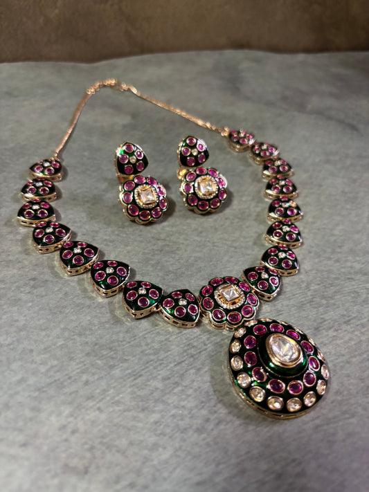 Meenakari Kundan polki Necklace with Ruby and Green colour- Maharani Royal Hues Kundan Necklace