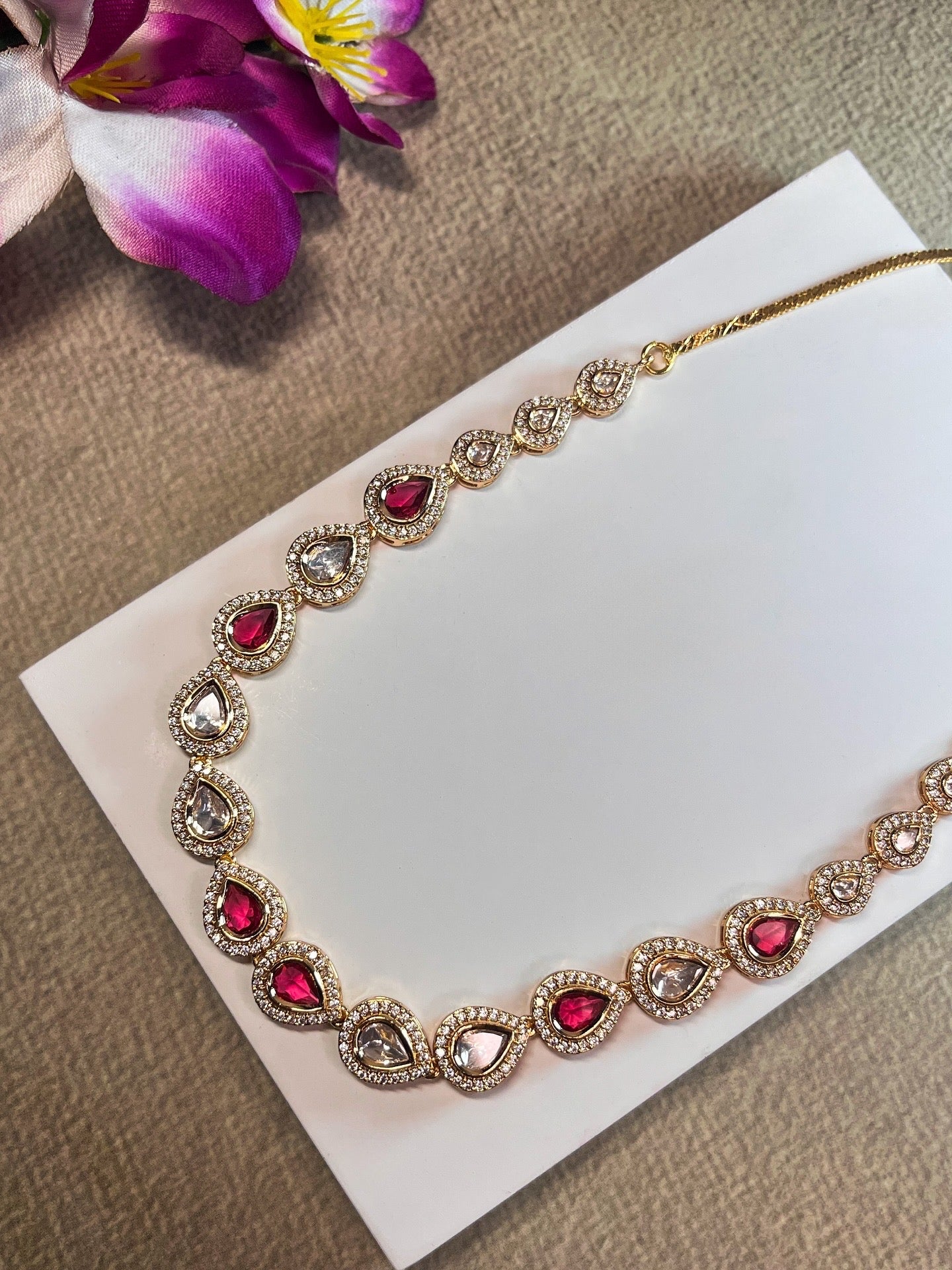 Moissanite-lookalike Ruby Pink Necklace with drop earrings