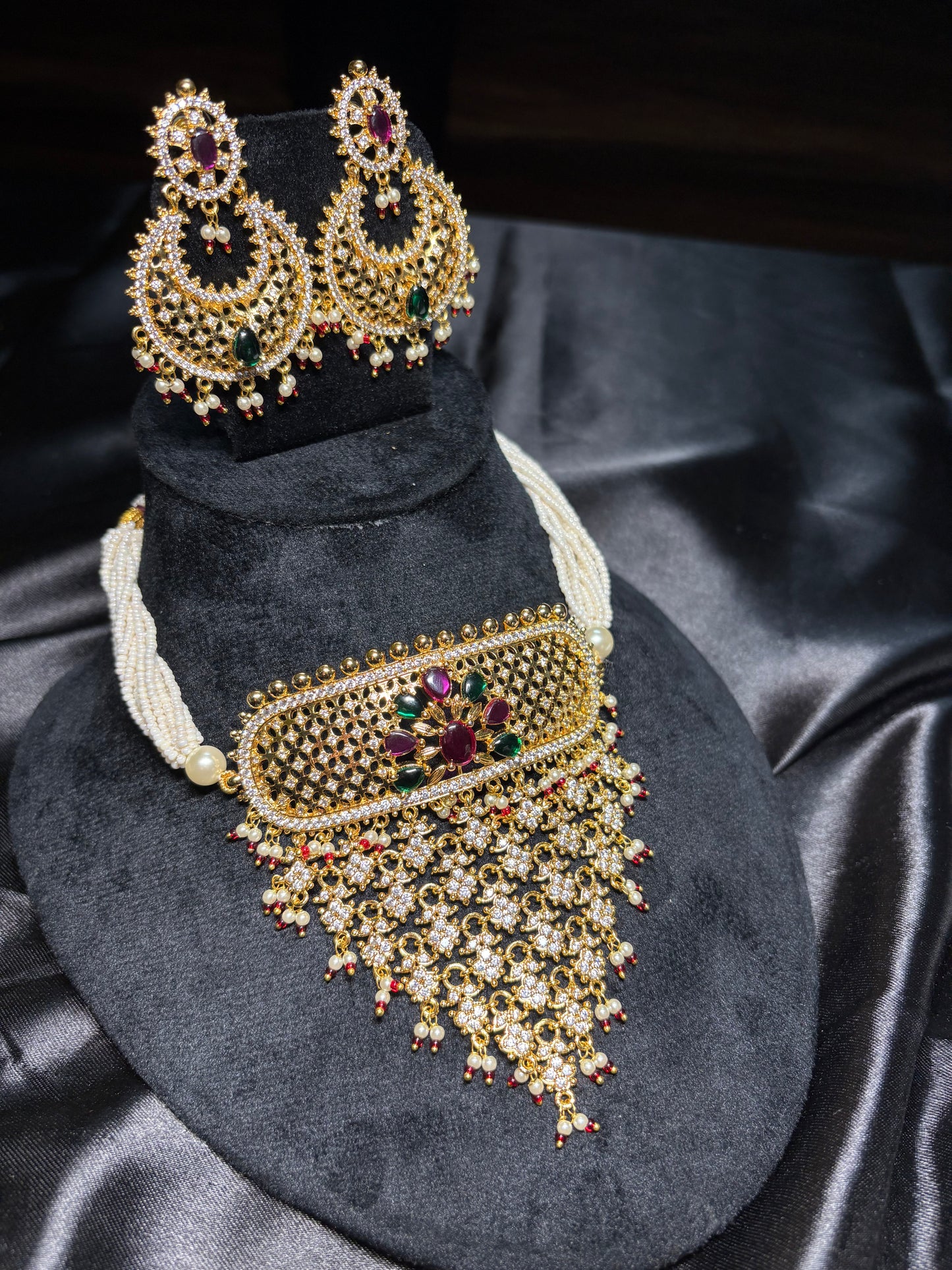 Regal Kundan Polki Aad Necklace Set with Chandbali Earrings
