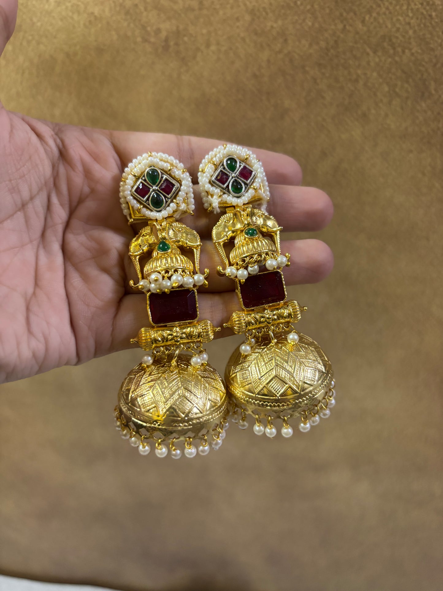 Traditional Gold-Tone Temple Jhumka Earrings with Pearl Accents