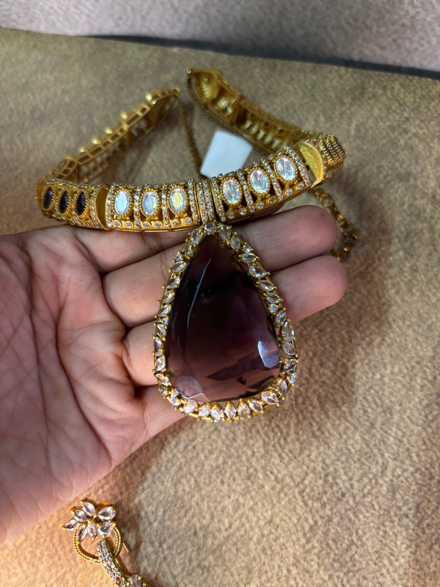 Royal Purple Teardrop Necklace Set with CZ & Stone Detailing/Hasli