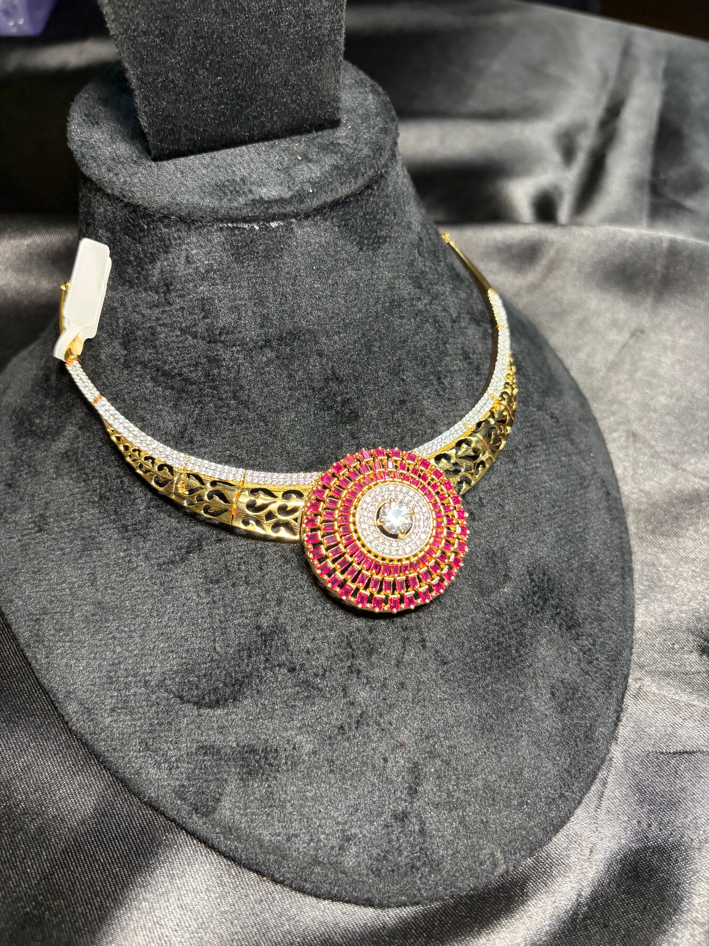 Hasli cum necklace - Ruby Radiance CZ Choker Set with Matching Earrings