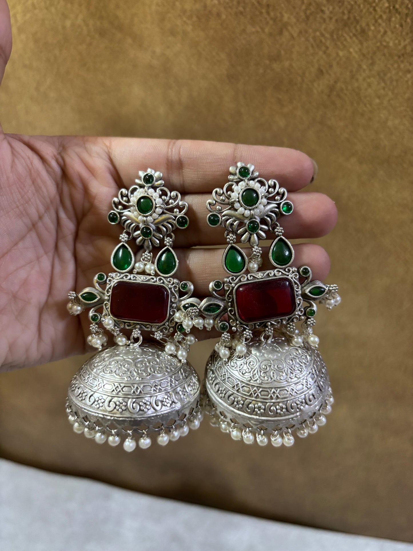 Antique Silver-Tone Jhumka Earrings with Red Monalisa & Green Stone Detailing