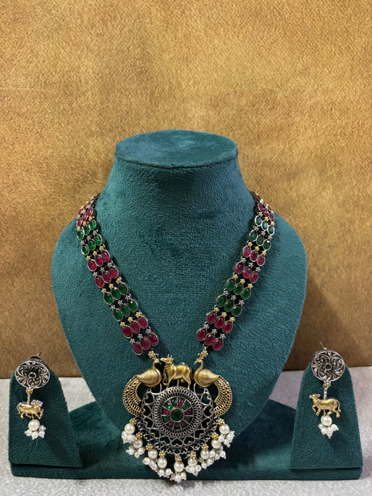 Dual-Tone Peacock & Cow Motif Temple Necklace with Ruby-Green Stones & Pearl Drops