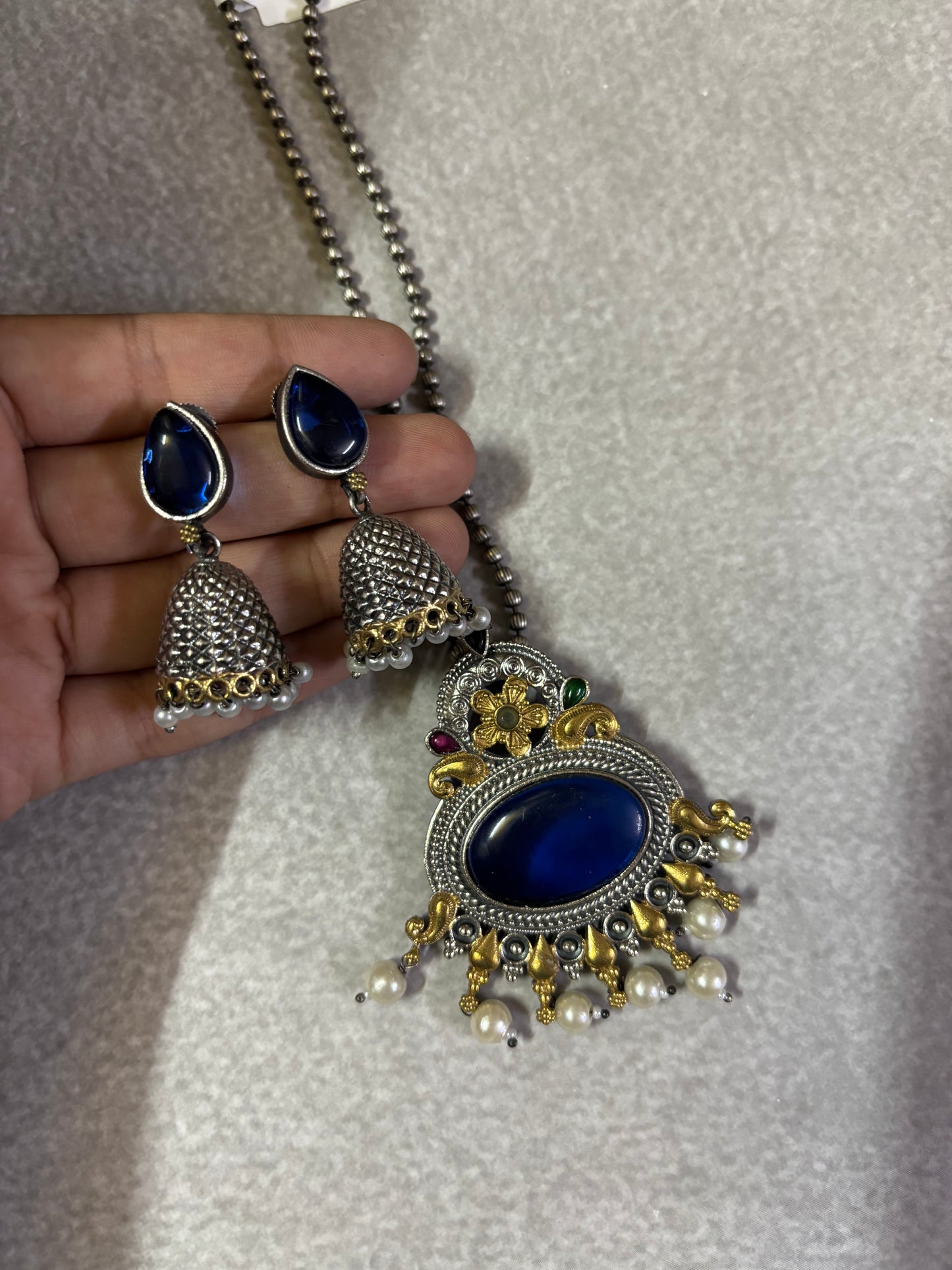 Blue Dual-Tone Black monalisa Stone Temple Necklace with Pearl Drops & Jhumkas