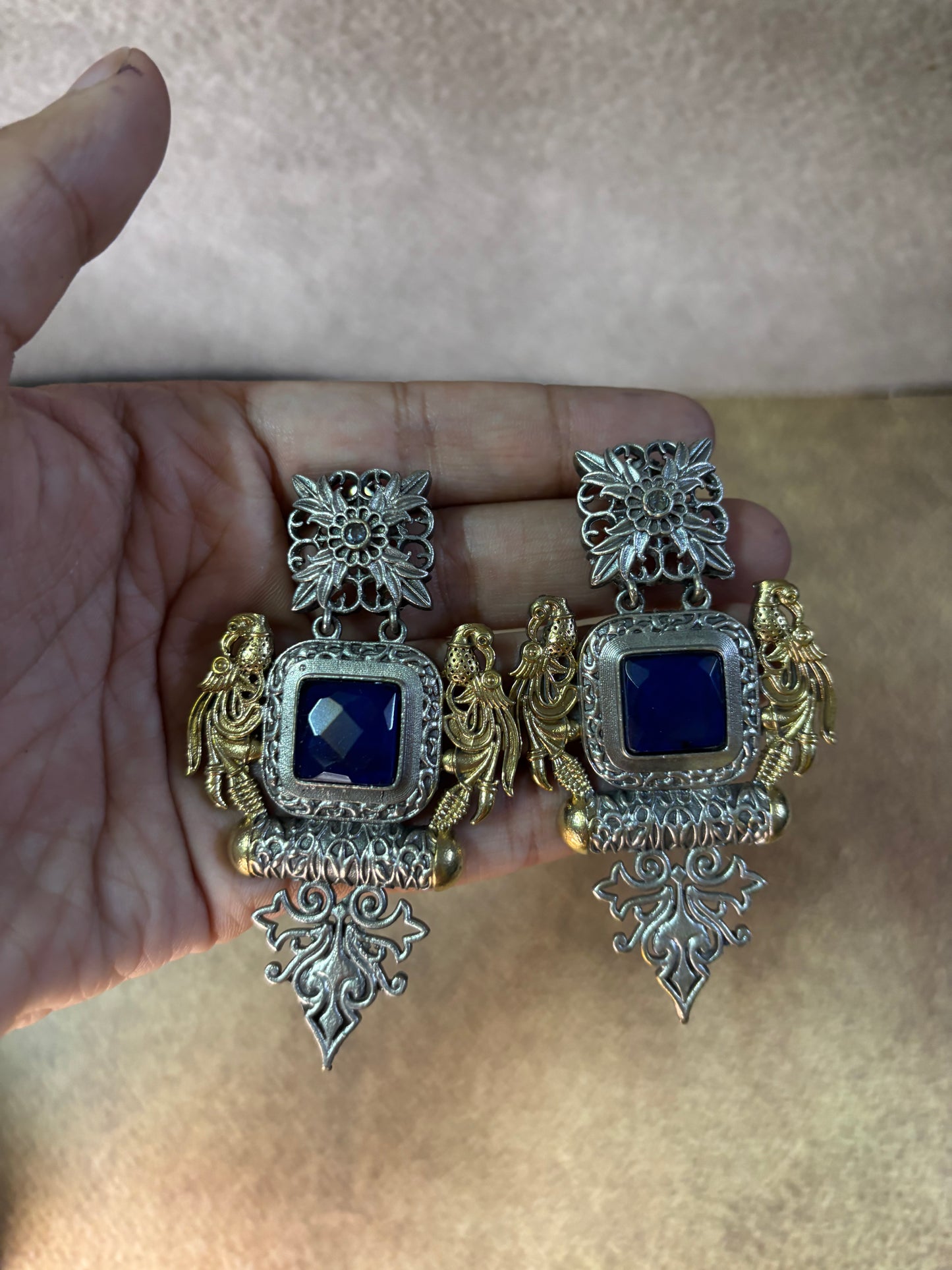Royal Blue Stone Peacock Earrings in Silver Finish in dual tone