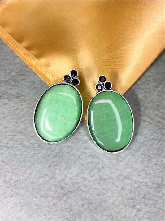 Elegant Mint Green Stone Studs in Oxidised Silver Finish