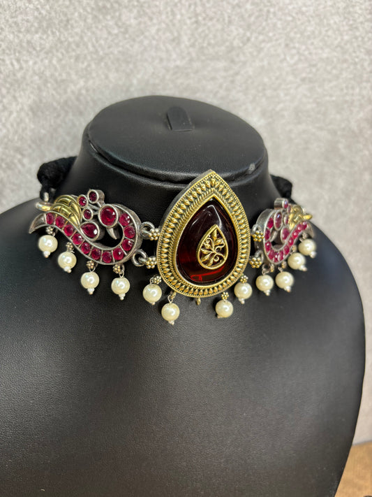Antique Maroon Monalisa Stone Necklace with Pearl Piroi & Paisley Charms