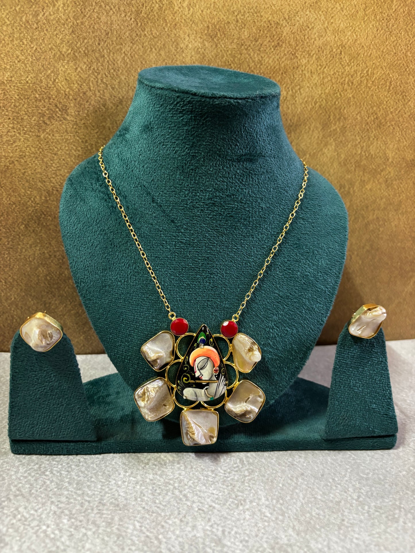 Gold-Tone Krishna Motif Necklace with Mother of Pearl Stones