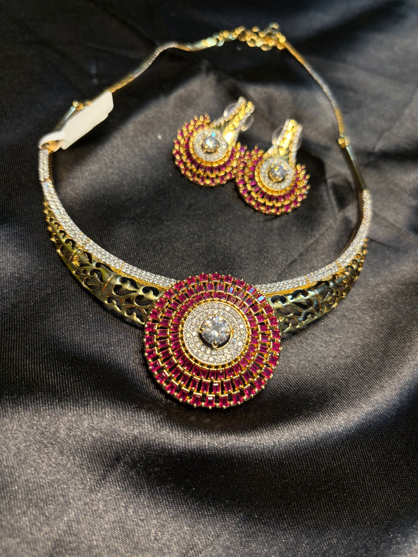 Hasli cum necklace - Ruby Radiance CZ Choker Set with Matching Earrings