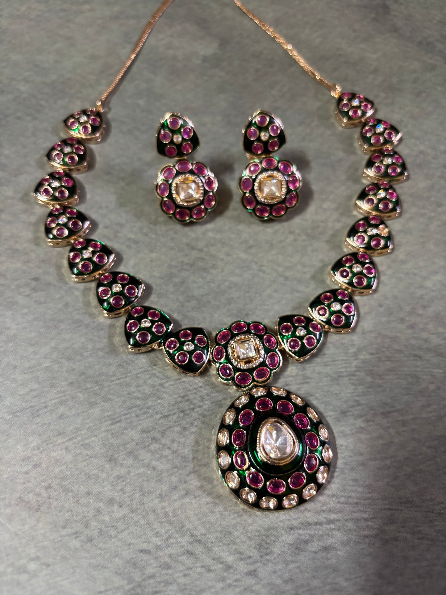 Meenakari Kundan polki Necklace with Ruby and Green colour- Maharani Royal Hues Kundan Necklace