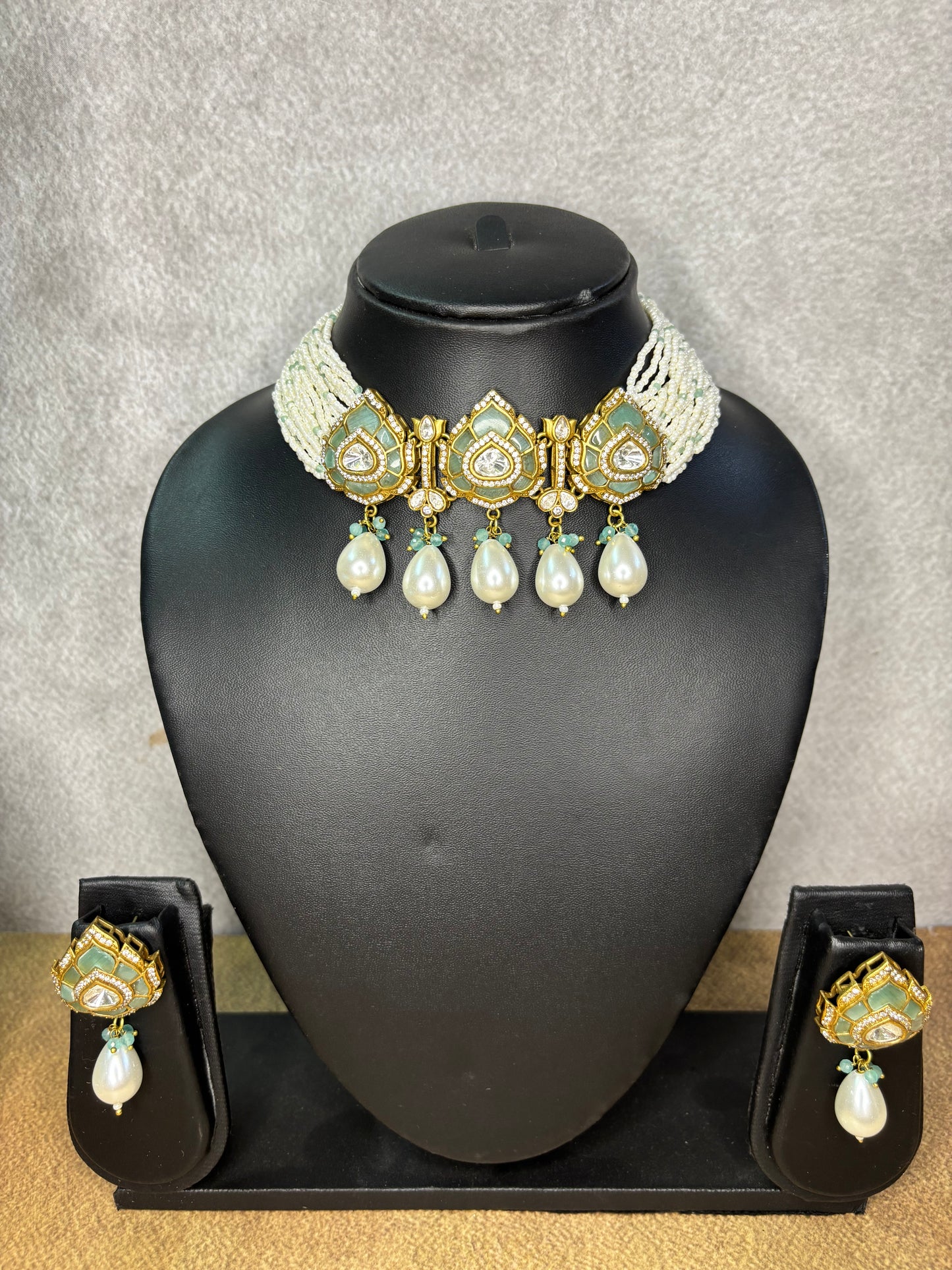 Mint Green Kundan Choker Set with Pearls and CZ Detailing
