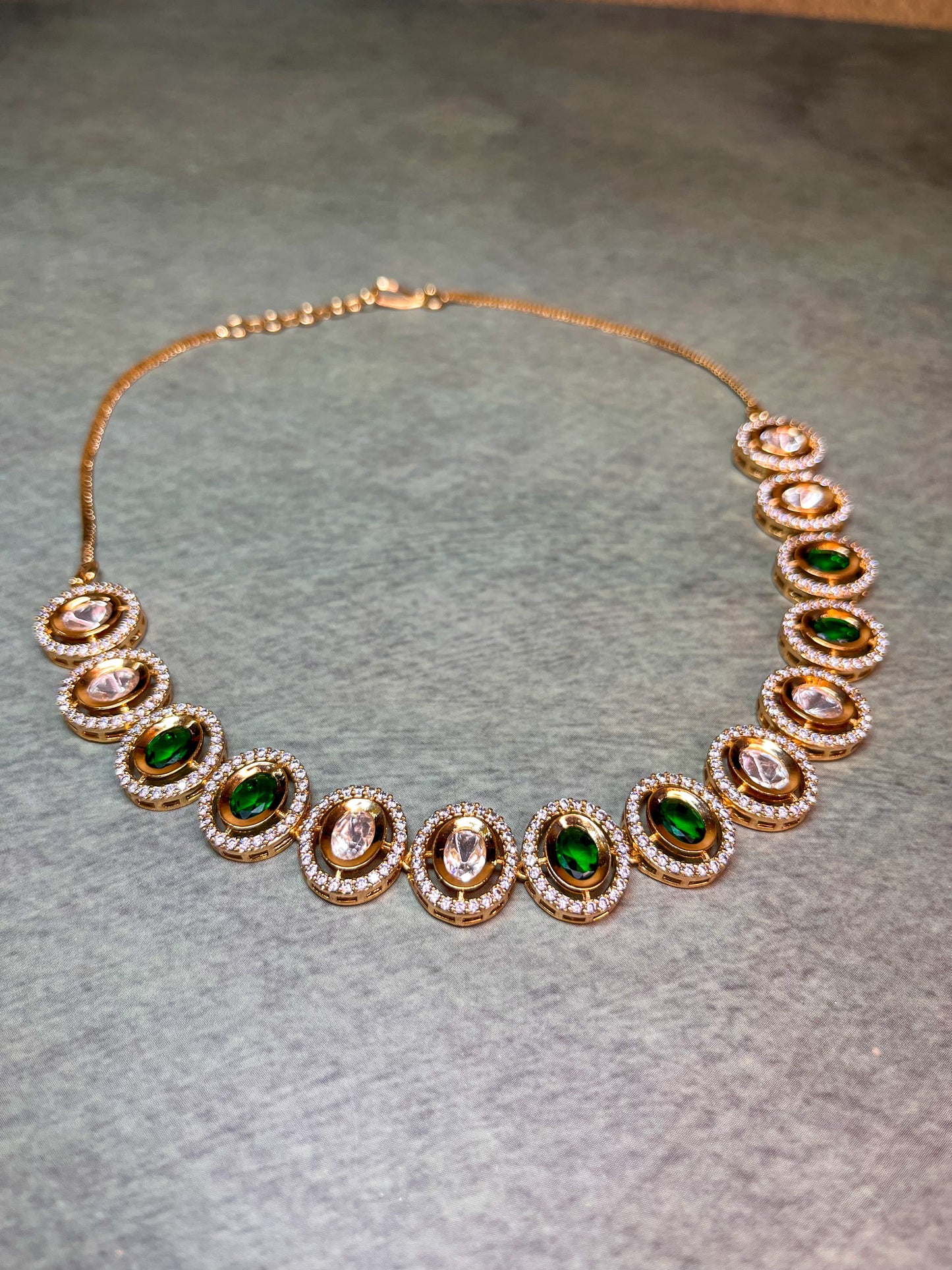 Moissanite lookalike Green Kundan necklace set with drop earrings