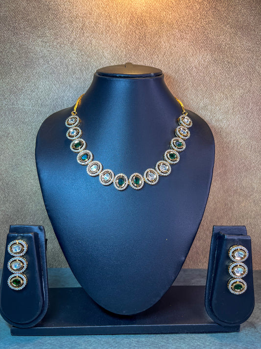 Moissanite lookalike Green Kundan necklace set with drop earrings