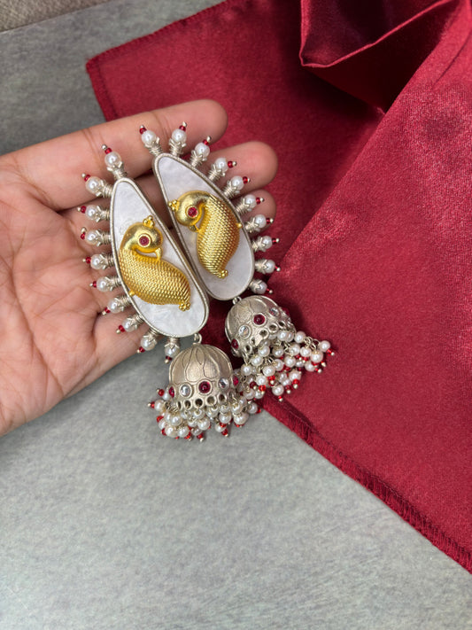 Golden Fish Motif MOP Silver Replica Jhumka