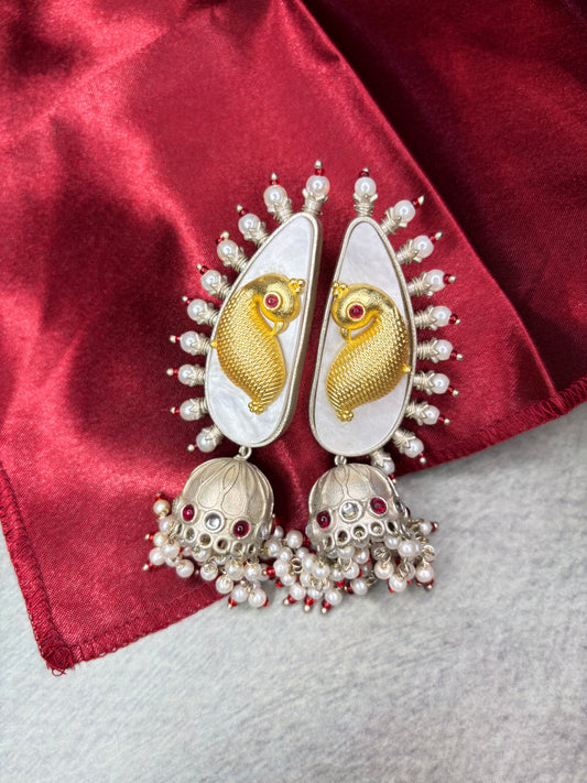 Golden Fish Motif MOP Silver Replica Jhumka