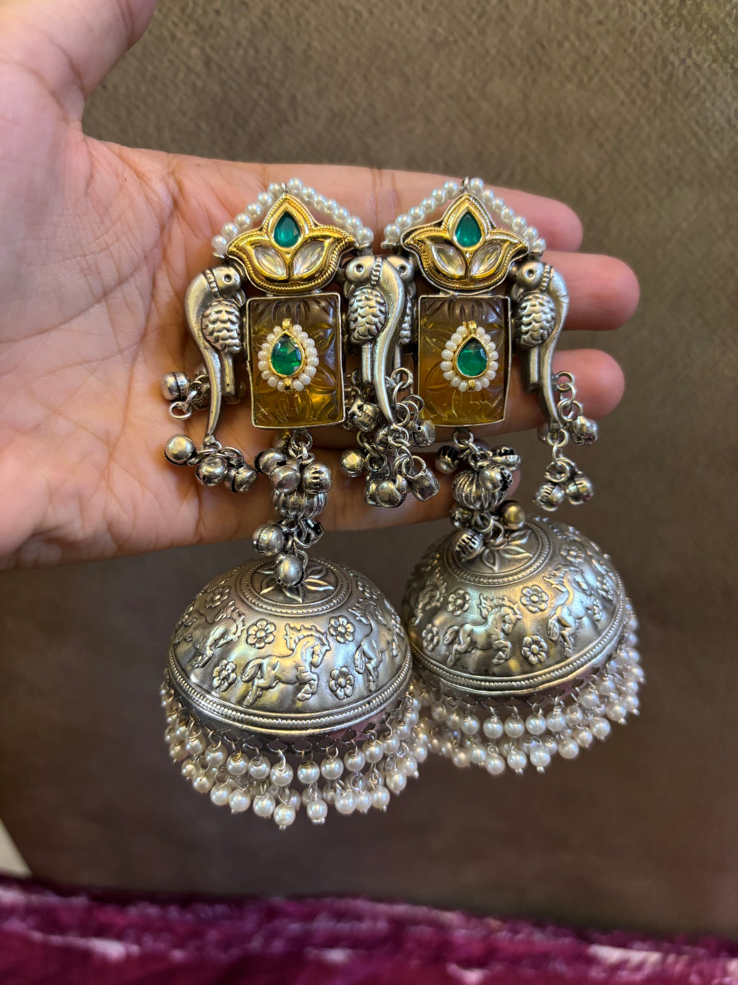 Royal Parrot Temple Jhumkas – Brass Silver Replica