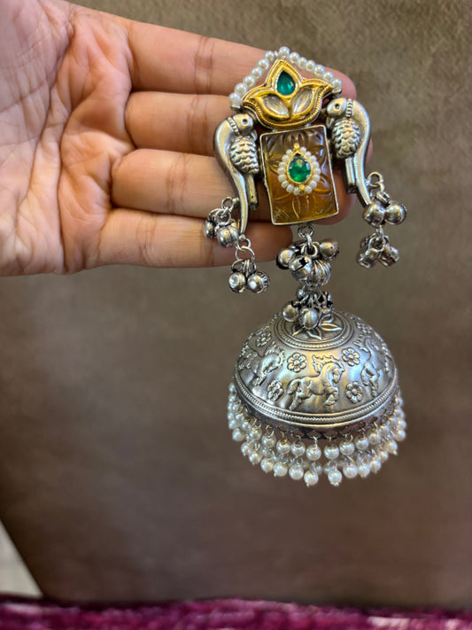 Royal Parrot Temple Jhumkas – Oxidised Silver Replica