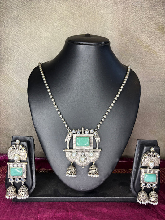 Oxidized Silver Necklace Set with Turquoise Stone/Tribal Silver necklace